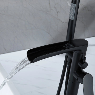 Single-Handle Freestanding Floor Mount Roman Tub Faucet Bathtub Filler with Hand Shower in Matte Black - Designery